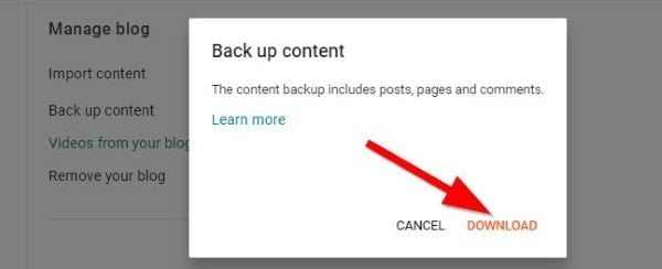 Blogger Back Up Content Setting