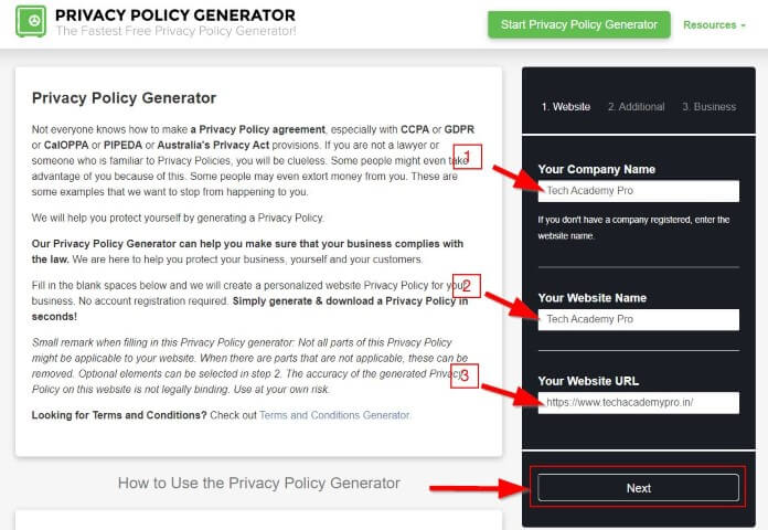 How to Create Privacy Policy for Website - Step 2